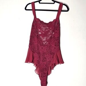 VTG 90s  Victorias Secret Red Lace Teddy High Leg Sheer Flounce Snap Crotch L